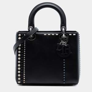مملوكة مسبقًا Dior Black Medium Lambskin Studded Crystal Pearl Lady Dior