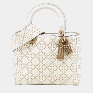 مملوكة مسبقًا Dior White Medium Lambskin Cannage Studded Supple Lady Dior