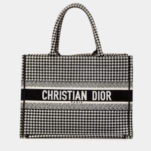 Pre Owned Dior Black Medium Canvas Houndstooth Embroidered Book Tote