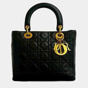 مملوكة مسبقًا حقيبة ديور ليدي ديور كاناج جلد حمل متوسط أسود