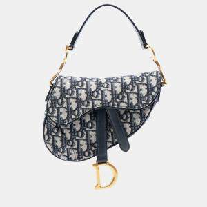 Pre Owned Dior Blue Mini Oblique Canvas Saddle Bag