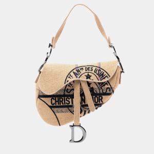 Pre Owned Dior Brown Mini Embroidered Jute Canvas Union Saddle Bag