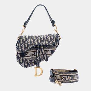 مملوكة مسبقًا Dior Blue Oblique Embroidered Canvas Saddle Bag