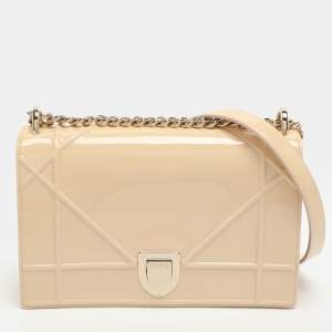 Pre Owned Dior Diorama Medium Beige Patent Leather Shoulder Bags