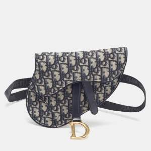 Pre Owned Dior Saddle Navy Blue Oblique Canvas Leather Belt Bag