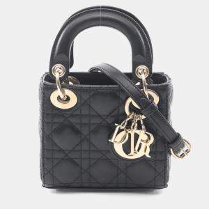 Pre Owned Christian Dior Dior Lady Micro Bag Cannage Handbag Leather Black