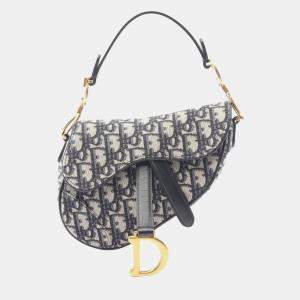 Pre Owned Christian Dior Dior Saddle Bag Mini Oblique Jacquard Handbag Canvas Leather Ivory Navy