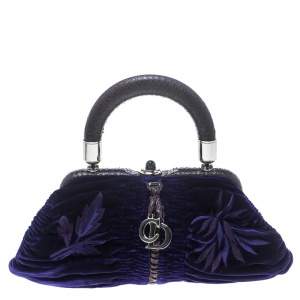 Pre Owned Dior Indigo Blue/Lilac Velvet and Snakeskin Top Handle Bag