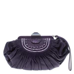 Pre Owned Dior Purple Pleated Leather Frame Clutch