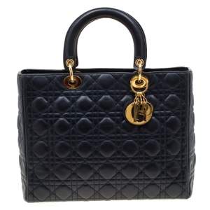 مملوكة مسبقًا Dior Navy Blue Leather Large Lady Dior Tote
