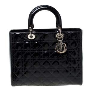 Pre Owned حقيبة ديور ليدي ديور جلد لامعة سوداء كبيرة