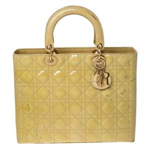 Pre Owned Dior Yellow Cannage Patent Leather Large Lady Dior Tote