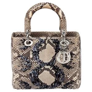 مملوكة مسبقًا Dior Beige Python and Sequin Medium Lady Dior Tote