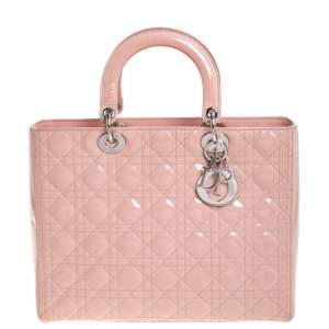Pre Owned Dior Light Pink Cannage Quilted Patent Leather Large Lady Dior Tote