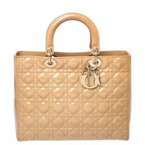مملوكة مسبقًا Dior Beige Cannage Patent Leather Large Lady Dior Tote
