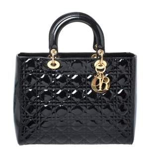 Pre Owned Dior Black Cannage Patent Leather Large Lady Dior Tote