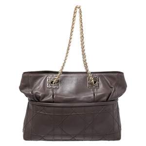 Pre Owned Dior Dark Brown Cannage Leather Granville Chain Link Tote