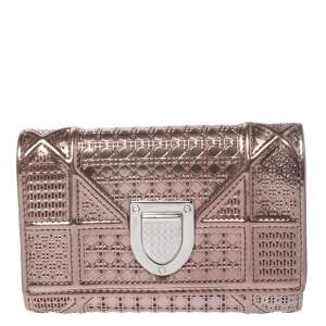 Pre Owned محفظة ديور ديوراما بثلاث طيات جلد لامع ميكرو كاناج ميتاليك وردية ذهبية