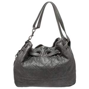مملوكة مسبقًا Dior Metallic Grey Cannage Leather Drawstring Tote