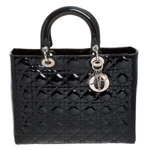Pre Owned Dior Black Cannage Patent Leather Large Lady Dior Tote