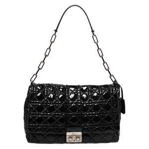 Pre Owned Dior Black Cannage Patent Leather Large New Lock Flap Shoulder Bag