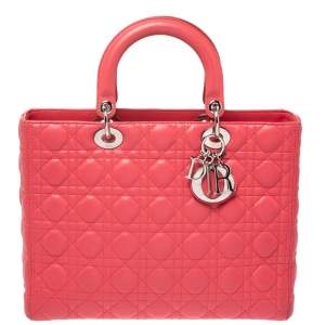 Pre Owned Dior Coral Cannage Leather Large Lady Dior Tote