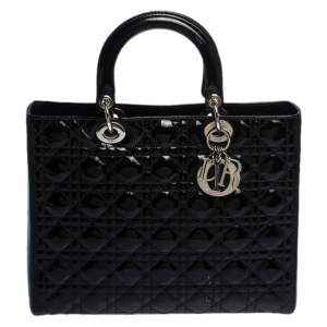 Pre Owned Dior Black Cannage Patent Leather Large Lady Dior Tote