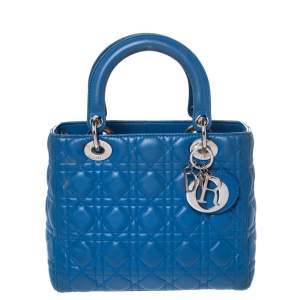 Pre Owned Dior Blue Leather Medium Lady Dior Tote