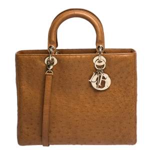 Pre Owned Dior Light Brown Ostrich Large Lady Dior Tote