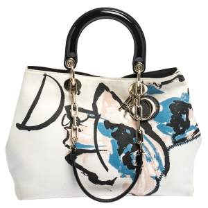 Pre Owned Dior Beige/Black Canvas and Patent Leather Limited Edition Floral Graffiti D Light Tote