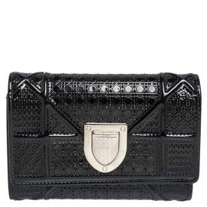 Pre Owned Dior Black Micro Cannage Patent Leather Diorama Trifold Wallet
