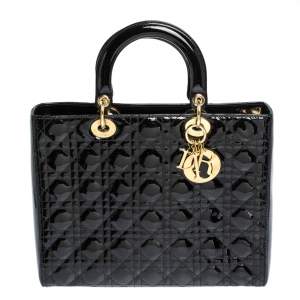 مملوكة مسبقًا Dior Black Cannage Patent Leather Large Lady Dior Tote