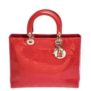 مملوكة مسبقًا Dior Red Cannage Patent Leather Large Lady Dior Tote