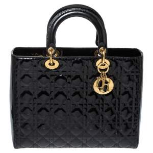 Pre Owned Dior Black Cannage Patent Leather Large Lady Dior Tote