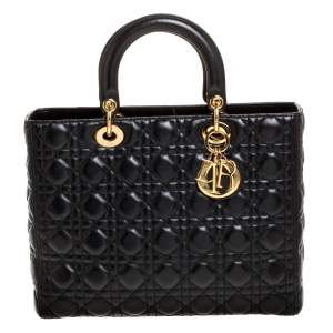 Pre Owned Dior Black Cannage Leather Large Lady Dior Tote