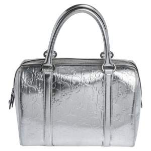 Dior Metallic Silver Oblique Monogram Leather Boston Bag