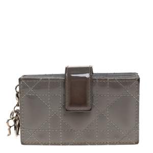 مملوكة مسبقًا  Dior Grey Cannage Patent Leather Lady Dior Gusset Card Case 