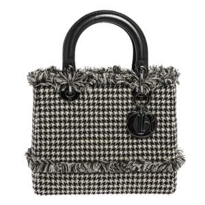 مملوكة مسبقًا Dior Black/White Houndstooth Patterned Tweed Medium Lady Dior