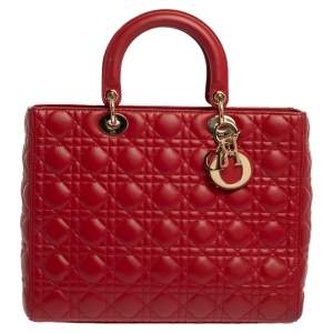 Pre Owned Dior Red Cannage Leather Large Lady Dior Tote