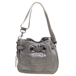 Dior Metallic Grey Cannage Leather Drawstring Shoulder Bag