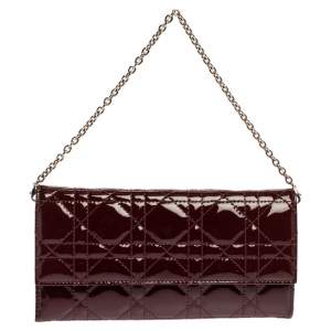 Pre Owned Dior Red Cannage Patent Leather Lady Dior Wallet on Chain