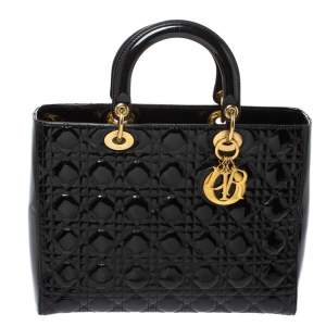 Pre Owned حقيبة يد ديور "ليدي ديور" كبيرة جلد لامع أسود