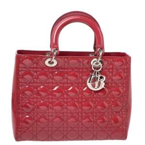 Pre Owned حقيبة يد ديور ليدي ديور كبيرة جلد لامعة كاناج حمراء سكارليت