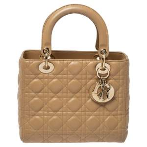 Pre Owned Dior Beige Cannage Leather Medium Lady Dior Tote 