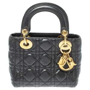 Pre Owned Dior Black Cannage Leather Mini Lady Dior Tote
