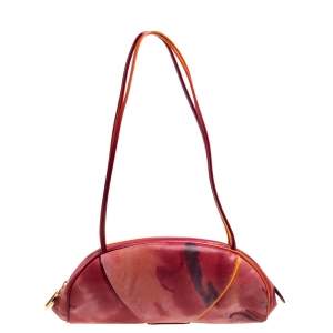Pre Owned Dior Red/Orange Printed Patent Leather Half Moon Shoulder Bag