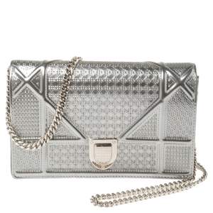 Pre Owned Dior Metallic Silver Micro Cannage Patent Leather Mini Diorama Chain Shoulder Bag