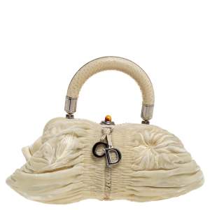 Pre Owned Dior Cream Velvet and Python Karenina Top Handle Bag