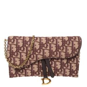 Pre Owned Dior Burgundy Oblique Canvas and Leather Saddle Wallet On Chain