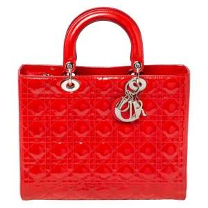 Pre Owned Dior Crimson Red Cannage Patent Leather Large Lady Dior Tote
